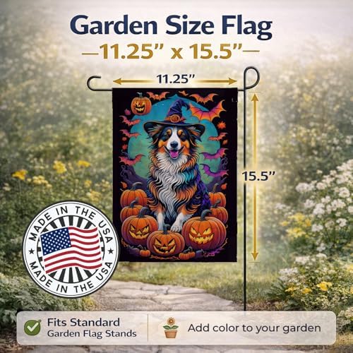 Caroline's Treasures DAC1471GF Australian Shepherd Witchy Halloween Garden Flag Mailbox Flag Decorative Yard Flag Banner Outside Patio Artwork Yard Flower Beds, Garden Size, Multicolor