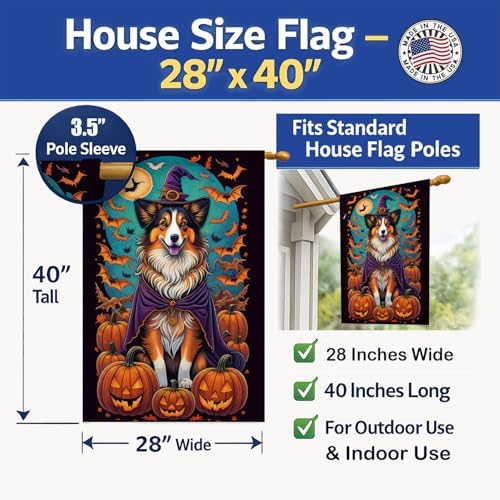 Caroline's Treasures DAC1533CHF Sheltie Witchy Halloween House Flag Large Porch Sleeve Pole Decorative Outside Yard Banner Artwork Wall Hanging, Polyester, House Size, Multicolor