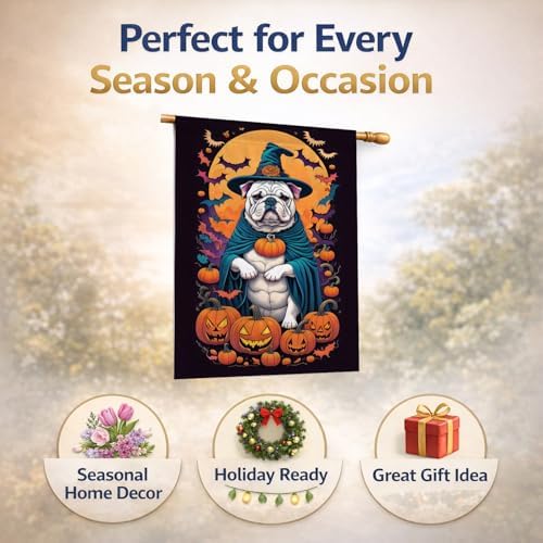 Caroline's Treasures DAC1491CHF White English Bulldog Witchy Halloween House Flag Large Porch Sleeve Pole Decorative Outside Yard Banner Artwork Wall Hanging, Polyester, House Size, Multicolor