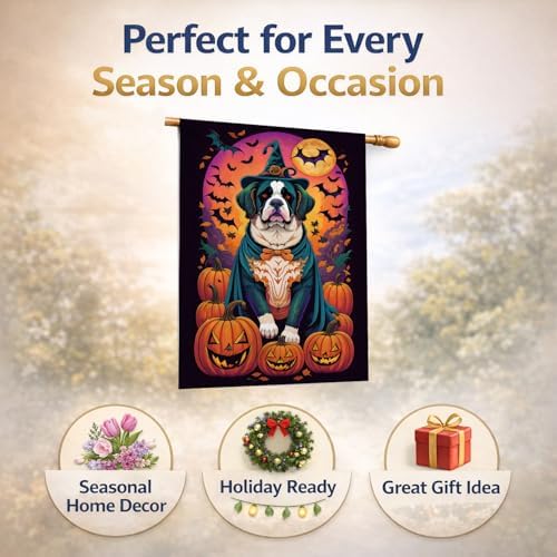 Caroline's Treasures DAC1530CHF Saint Bernard Witchy Halloween House Flag Large Porch Sleeve Pole Decorative Outside Yard Banner Artwork Wall Hanging, Polyester, House Size, Multicolor