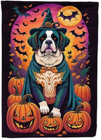 Caroline's Treasures DAC1530CHF Saint Bernard Witchy Halloween House Flag Large Porch Sleeve Pole Decorative Outside Yard Banner Artwork Wall Hanging, Polyester, House Size, Multicolor