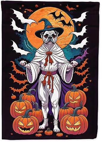 Caroline's Treasures DAC1487CHF White Boxer Witchy Halloween House Flag Large Porch Sleeve Pole Decorative Outside Yard Banner Artwork Wall Hanging, Polyester, House Size, Multicolor