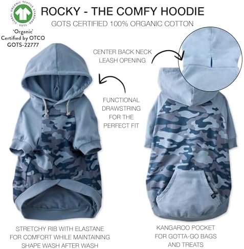 Pet Passion Rocky – The Original Lightweight Hooded Tee 100% Organic Cotton Dog Hoodie Pet Coat Sweater for All Sized Dogs, Original Navy Half Camo, XXX-Small (up to 5lbs)
