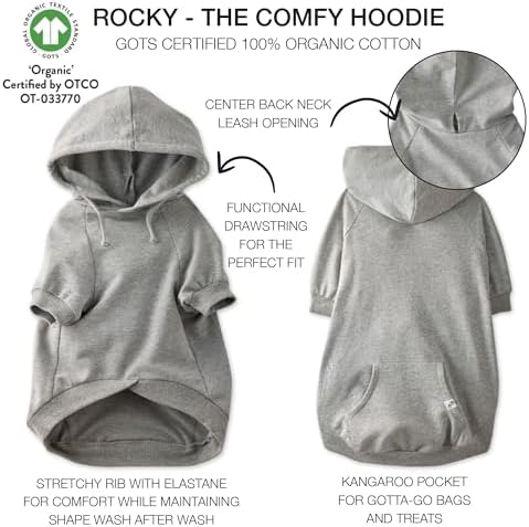 Pet Passion Rocky – The Original Lightweight Hooded Tee 100% Organic Cotton Dog Hoodie Pet Coat Sweater for All Sized Dogs, Original Heather Gray, Large (40-60 lbs)