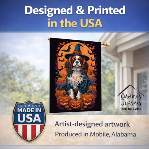 Caroline's Treasures DAC1495CHF Cavalier Spaniel Witchy Halloween House Flag Large Porch Sleeve Pole Decorative Outside Yard Banner Artwork Wall Hanging, Polyester, House Size, Multicolor