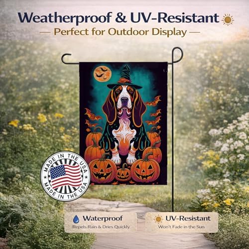 Caroline's Treasures DAC1474GF Basset Hound Witchy Halloween Garden Flag Mailbox Flag Decorative Yard Flag Banner Outside Patio Artwork Yard Flower Beds, Garden Size, Multicolor