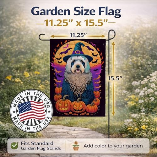 Caroline's Treasures DAC1522GF Old English Sheepdog Witchy Halloween Garden Flag Mailbox Flag Decorative Yard Flag Banner Outside Patio Artwork Yard Flower Beds, Garden Size, Multicolor
