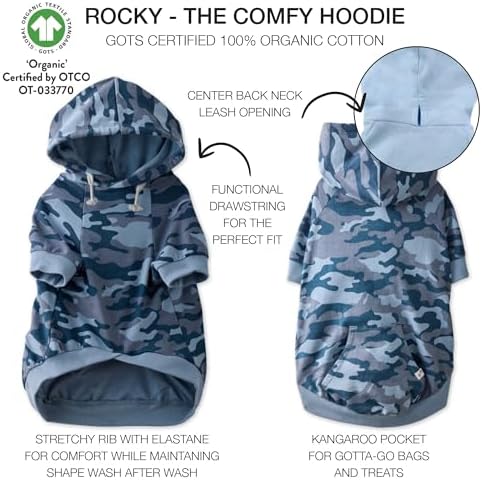 Pet Passion Rocky – The Original Lightweight Hooded Tee 100% Organic Cotton Dog Hoodie Pet Coat Sweater for All Sized Dogs, Navy Camo, XX-Small (4-7 lbs)