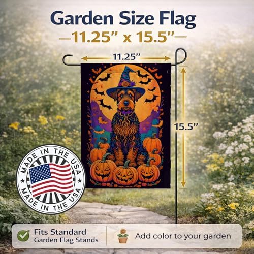 Caroline's Treasures DAC1467GF Airedale Terrier Witchy Halloween Garden Flag Mailbox Flag Decorative Yard Flag Banner Outside Patio Artwork Yard Flower Beds, Garden Size, Multicolor
