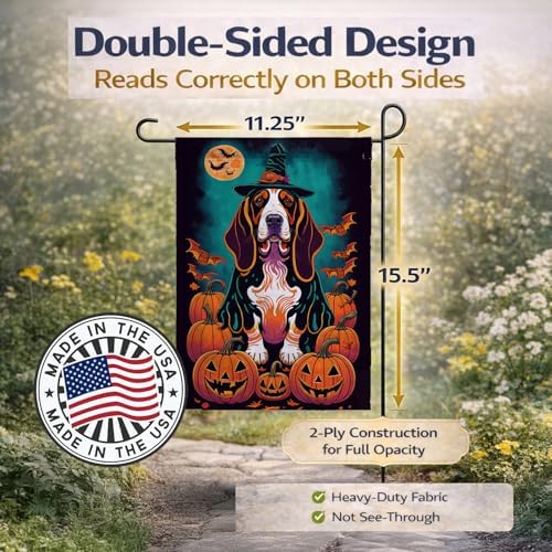 Caroline's Treasures DAC1474GF Basset Hound Witchy Halloween Garden Flag Mailbox Flag Decorative Yard Flag Banner Outside Patio Artwork Yard Flower Beds, Garden Size, Multicolor