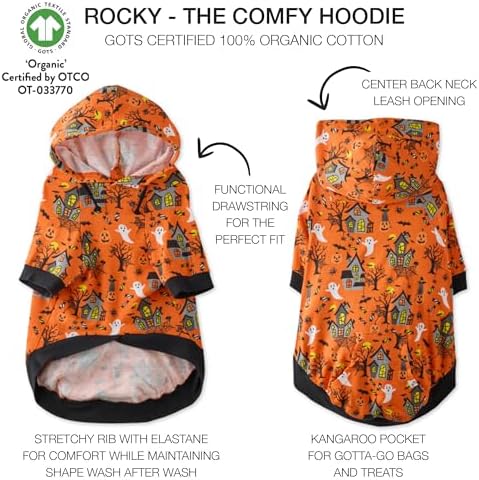 Pet Passion Rocky – The Original Lightweight Hooded Tee 100% Organic Cotton Dog Hoodie Pet Coat Sweater for All Sized Dogs, Spooky, XX-Small (4-7 lbs)
