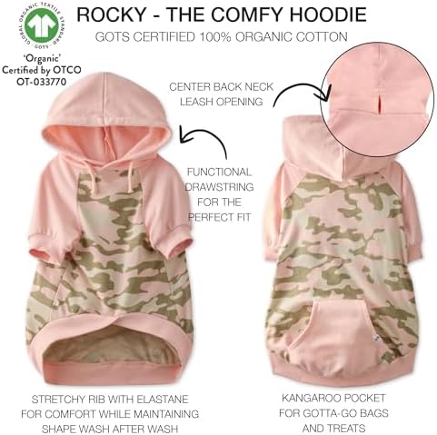 Pet Passion Rocky – The Original Lightweight Hooded Tee 100% Organic Cotton Dog Hoodie Pet Coat Sweater for All Sized Dogs, Pink Half Camo, X-Small (5-12 lbs)
