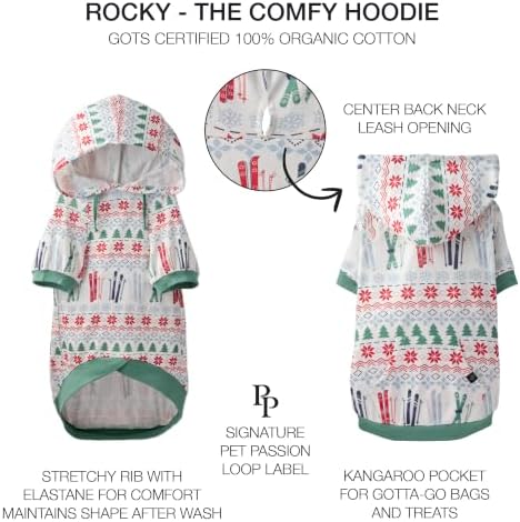 Pet Passion Rocky – The Orginal Lightweight Hooded Tee 100% Organic Cotton Dog Hoodie Pet Coat Sweater for Small, Medium, Large Dogs, Fair Isle Ski, Small