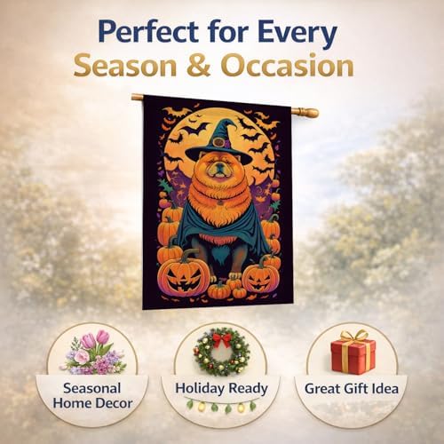 Caroline's Treasures DAC1497CHF Chow Chow Witchy Halloween House Flag Large Porch Sleeve Pole Decorative Outside Yard Banner Artwork Wall Hanging, Polyester, House Size, Multicolor