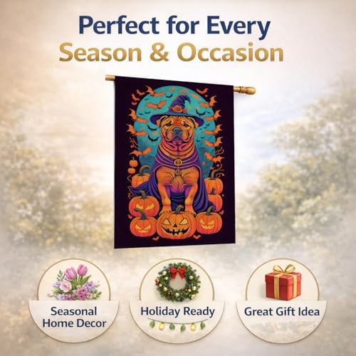Caroline's Treasures DAC1532CHF Shar Pei Witchy Halloween House Flag Large Porch Sleeve Pole Decorative Outside Yard Banner Artwork Wall Hanging, Polyester, House Size, Multicolor