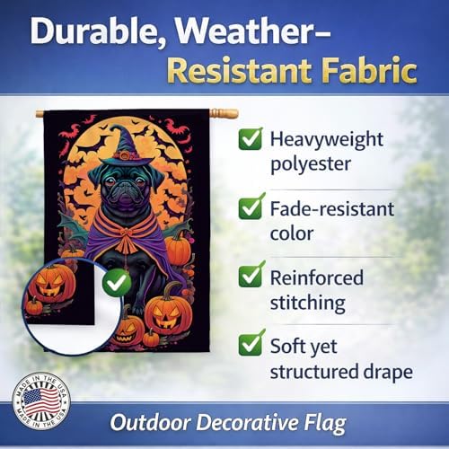 Caroline's Treasures DAC1527CHF Black Pug Witchy Halloween House Flag Large Porch Sleeve Pole Decorative Outside Yard Banner Artwork Wall Hanging, Polyester, House Size, Multicolor