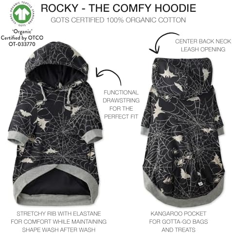 Pet Passion Rocky – The Original Lightweight Hooded Tee 100% Organic Cotton Dog Hoodie Pet Coat Sweater for All Sized Dogs, Batty Black, X-Large (55-80 lbs)