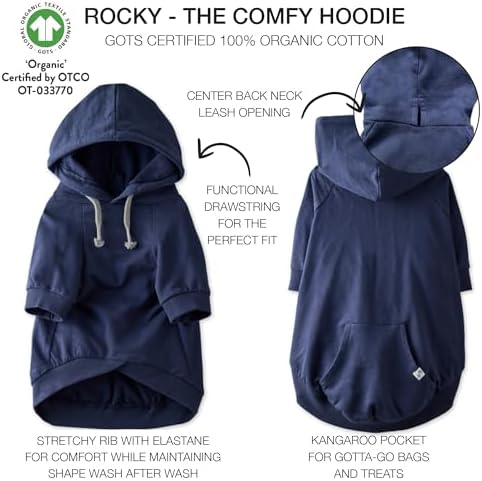 Pet Passion Rocky – The Original Lightweight Hooded Tee 100% Organic Cotton Dog Hoodie Pet Coat Sweater for All Sized Dogs, Original Navy, XXX-Small (up to 5lbs)