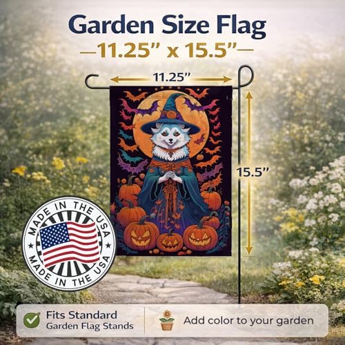 Caroline's Treasures DAC1469GF American Eskimo Witchy Halloween Garden Flag Mailbox Flag Decorative Yard Flag Banner Outside Patio Artwork Yard Flower Beds, Garden Size, Multicolor