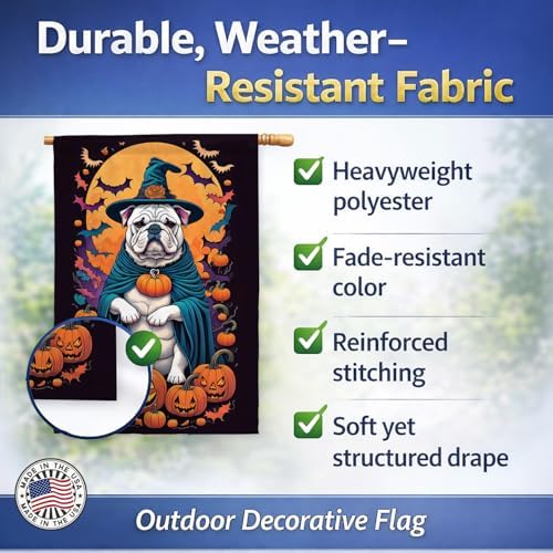 Caroline's Treasures DAC1491CHF White English Bulldog Witchy Halloween House Flag Large Porch Sleeve Pole Decorative Outside Yard Banner Artwork Wall Hanging, Polyester, House Size, Multicolor