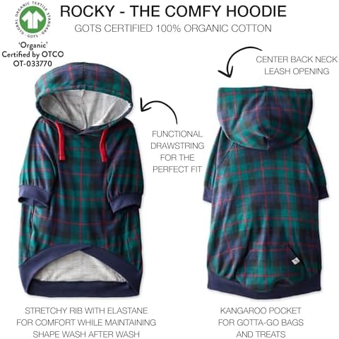 Pet Passion Rocky – The Original Lightweight Hooded Tee 100% Organic Cotton Dog Hoodie Pet Coat Sweater for All Sized Dogs, Black Watch Plaid, XX-Small (4-7 lbs)