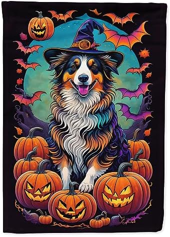 Caroline's Treasures DAC1471CHF Australian Shepherd Witchy Halloween House Flag Large Porch Sleeve Pole Decorative Outside Yard Banner Artwork Wall Hanging, Polyester, House Size, Multicolor