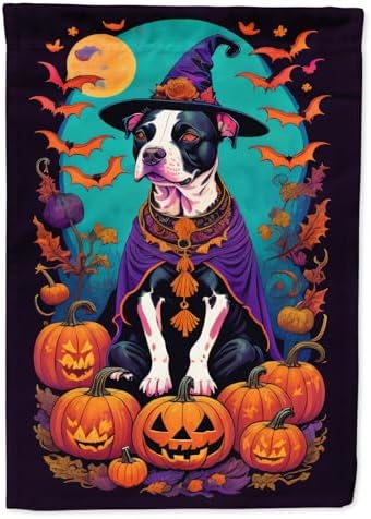 Caroline's Treasures DAC1470GF Pit Bull Terrier Witchy Halloween Garden Flag Mailbox Flag Decorative Yard Flag Banner Outside Patio Artwork Yard Flower Beds, Garden Size, Multicolor