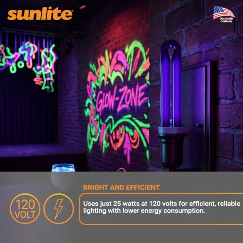 Sunlite 40486-SU T8 Fluorescent U-Shaped Light Bulb, 25 Watts, UV Light, 365nm Color Wavelength, GX10q 4-Pin Base, Plug-in, 5,000 Hour Life Span, Clubs, Restaurants, Party Lights, Blacklight, 5 Count