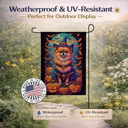 Caroline's Treasures DAC1523GF Pomeranian Witchy Halloween Garden Flag Mailbox Flag Decorative Yard Flag Banner Outside Patio Artwork Yard Flower Beds, Garden Size, Multicolor
