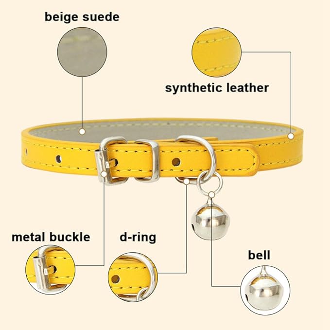 Gold XS Dog Collar with Bell, Soft Pu Leather Cat Collars Adjustable Buckle - Image 4