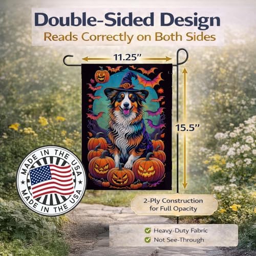 Caroline's Treasures DAC1471GF Australian Shepherd Witchy Halloween Garden Flag Mailbox Flag Decorative Yard Flag Banner Outside Patio Artwork Yard Flower Beds, Garden Size, Multicolor