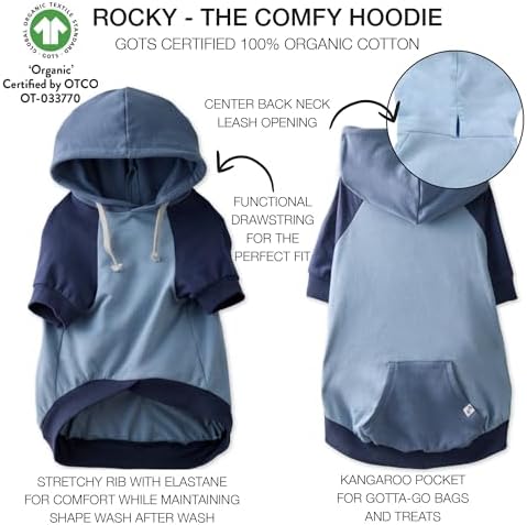 Pet Passion Rocky – The Original Lightweight Hooded Tee 100% Organic Cotton Dog Hoodie Pet Coat Sweater for All Sized Dogs, Original Navy Colorblock, X-Small (5-12 lbs)