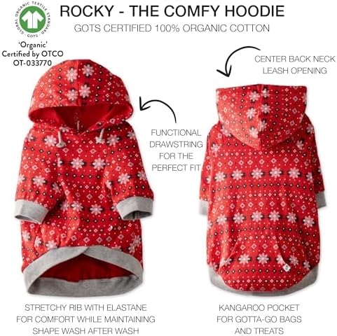 Pet Passion Rocky – The Original Lightweight Hooded Tee 100% Organic Cotton Dog Hoodie Pet Coat Sweater for All Sized Dogs, Red Fair Isle, Medium (20-45 lbs)