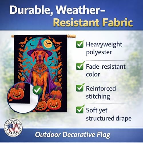 Caroline's Treasures DAC1539CHF Vizsla Witchy Halloween House Flag Large Porch Sleeve Pole Decorative Outside Yard Banner Artwork Wall Hanging, Polyester, House Size, Multicolor