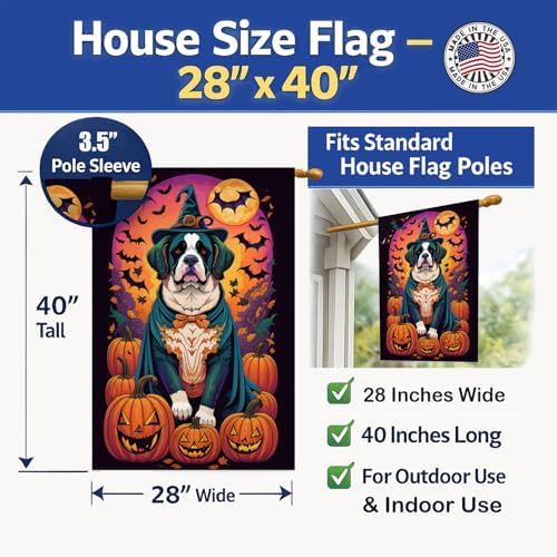 Caroline's Treasures DAC1530CHF Saint Bernard Witchy Halloween House Flag Large Porch Sleeve Pole Decorative Outside Yard Banner Artwork Wall Hanging, Polyester, House Size, Multicolor