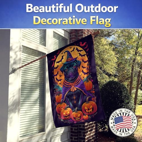 Caroline's Treasures DAC1527CHF Black Pug Witchy Halloween House Flag Large Porch Sleeve Pole Decorative Outside Yard Banner Artwork Wall Hanging, Polyester, House Size, Multicolor
