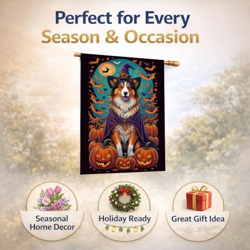 Caroline's Treasures DAC1533CHF Sheltie Witchy Halloween House Flag Large Porch Sleeve Pole Decorative Outside Yard Banner Artwork Wall Hanging, Polyester, House Size, Multicolor