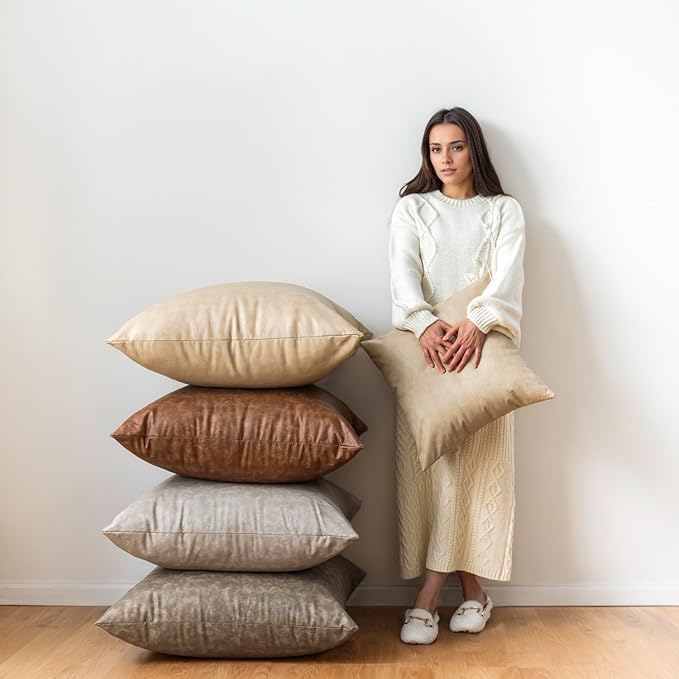 Pack of 4 Oversized Faux Leather Neutral Decorative Throw Pillow Covers 26x26 - Image 5