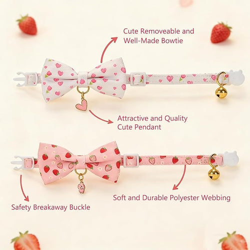 2 Pack Floral Cat Collars with Bow Tie and Bell Adjustable Breakaway Bowtie - Image 2