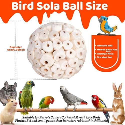 9 Pack Bird Toy Sola Balls, Natural Parrot Soft Chew Shredding & Foraging Toy - Image 2