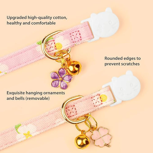 2 Pack Cotton Breakaway Cat Collar Purple and Pink Flowers Pendant Cute Kitten - Image 2