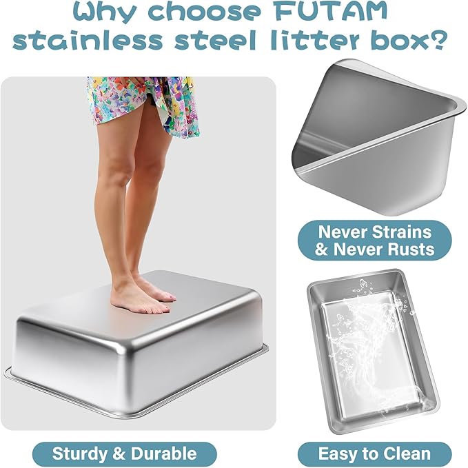 Stainless Steel Cat Litter Box, 23.6"x15.8"x8" XXL Stainless Steel Litter Box 8 - Image 4