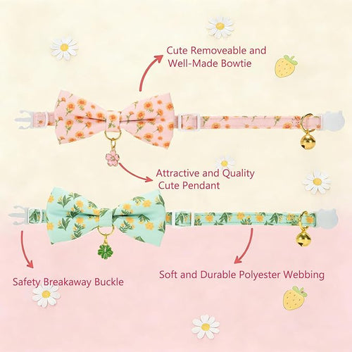 2 Pack Floral Cat Collars with Bow Tie and Bell Adjustable Breakaway Bowtie - Image 2