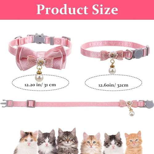 2 Pack Pink Cotton Cat Collars for Girl Cats, Cute Pearl Bow Kitten Collar - Image 2