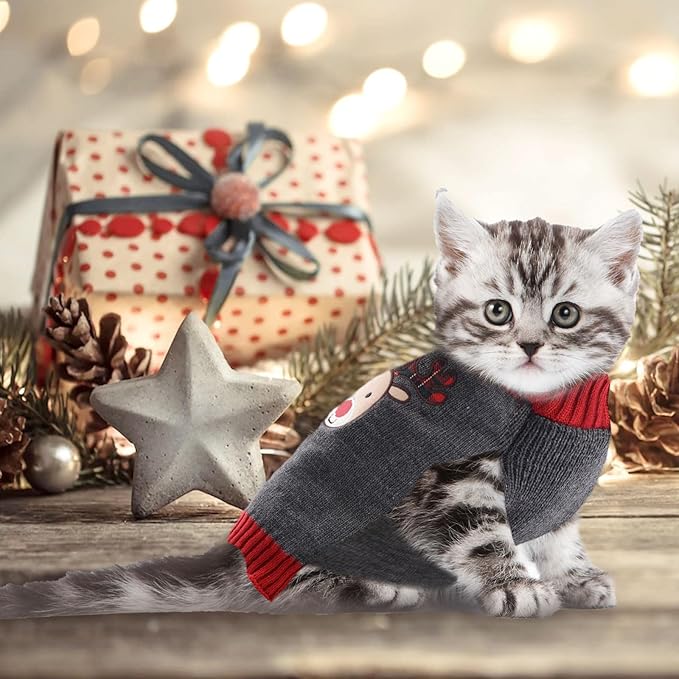 Dog Christmas Sweater Xmas Pet Clothes Cute Gray Reindeer Holiday Puppy Cat - Image 7