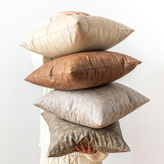 Pack of 2 Neutral Decorative Faux Leather Throw Pillow Covers, Boho Luxury - Image 6