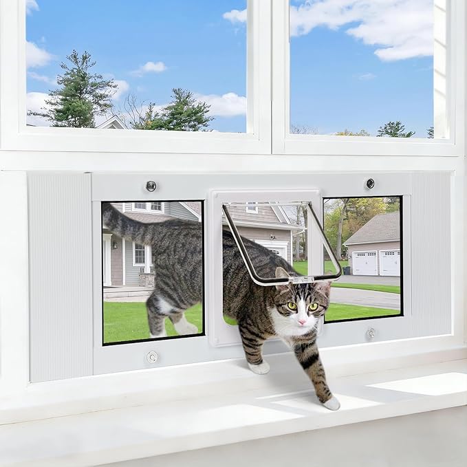 Full Size Cat Door Window Insert 27"-32" Various Sliding Windows, 4 Flexible by Lanmun
