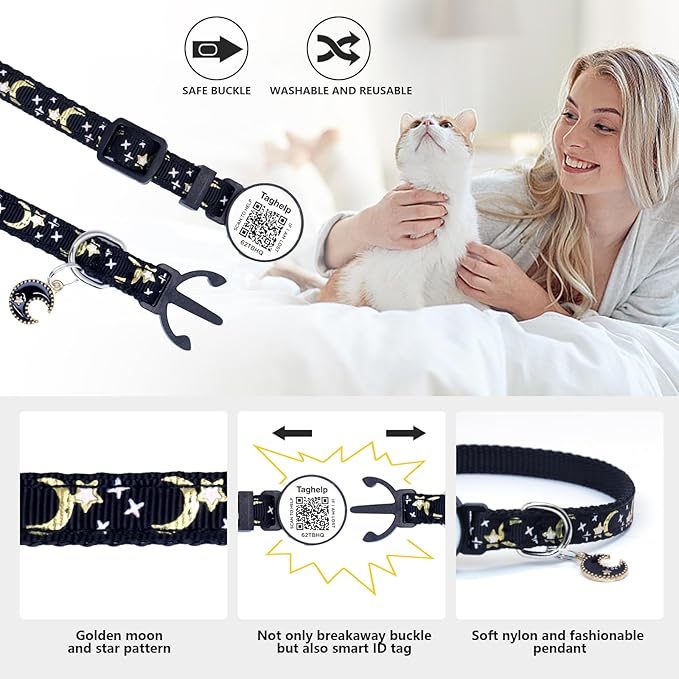 Cat Collar Stars and Moon, Reflective no Bell, Solid & Safe Collars - Image 2