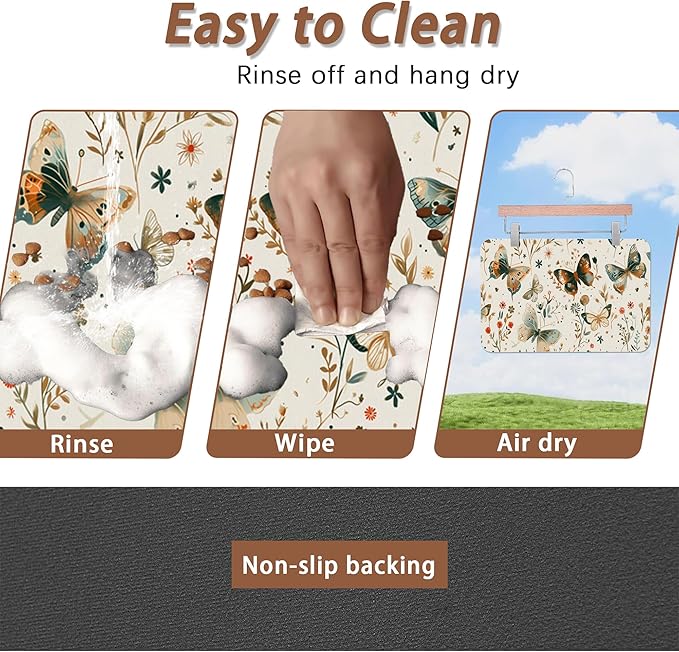 Butterfly Dog Food Mat for Floors, Boho Garden Vintage Absorbent Pet Food and - Image 4