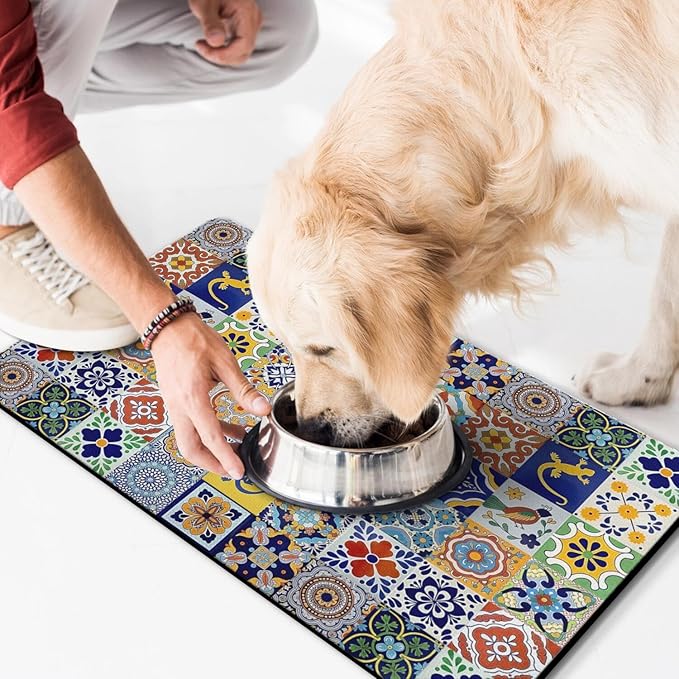 Moroccan Trellis Dog Food & Water Mat, Mexican Talavera Boho Colorful Pet - Image 3
